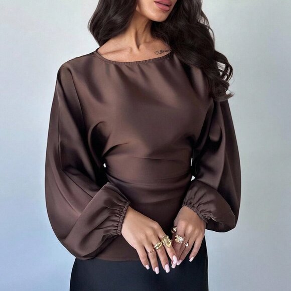 Brown Elegant Women's Romantic Coffee Round Neck blouse - Picture 4 of 7